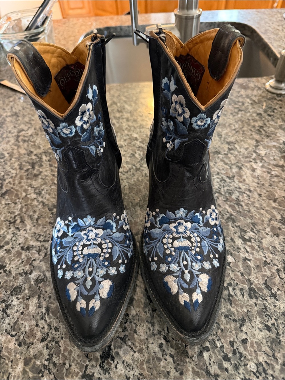 Old Gringo Black Leather Western Boots with Blue and White Floral Embroidery